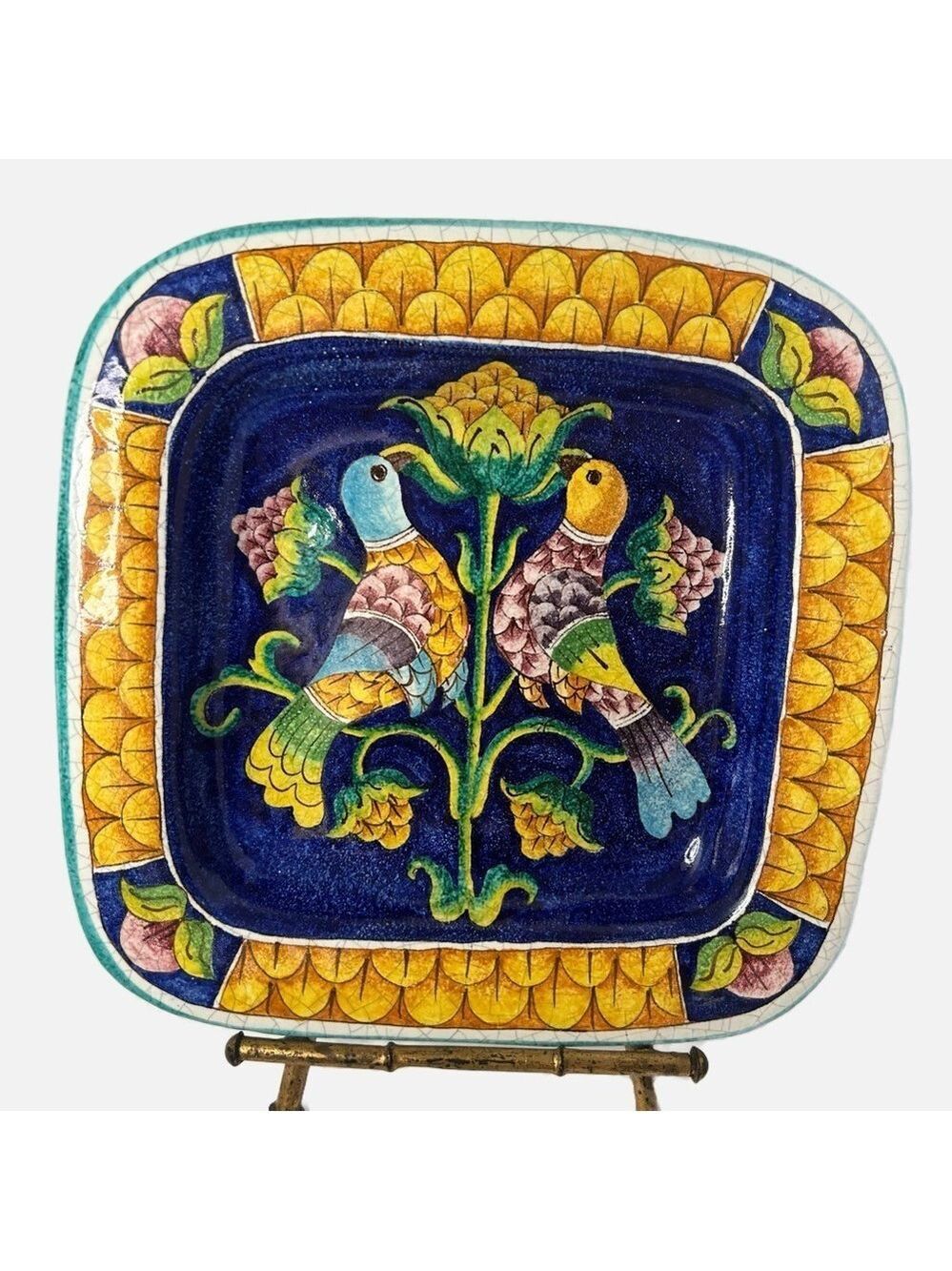 Vintage Italian Handpainted Stoneware Serving Dish Wall Hanging Floral Birds